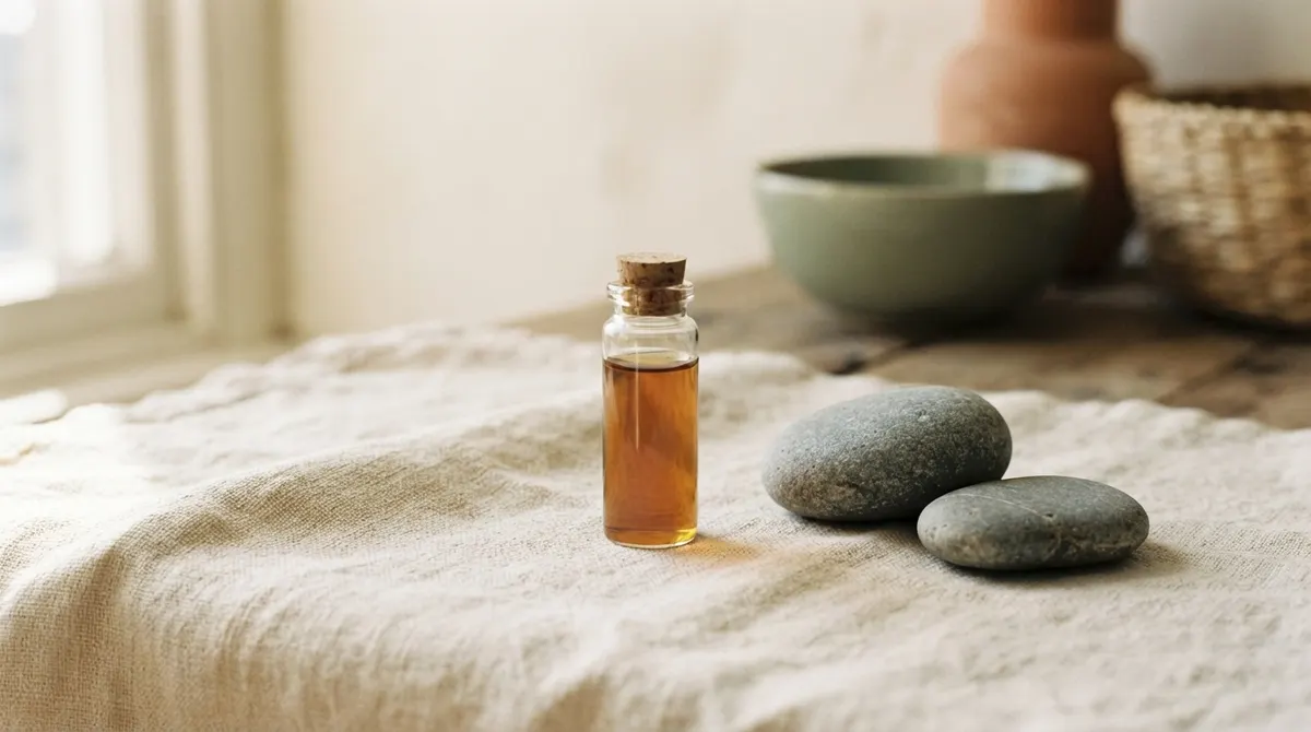 A clear glass vial and two smooth grey river stones on cream linen in soft morning light.