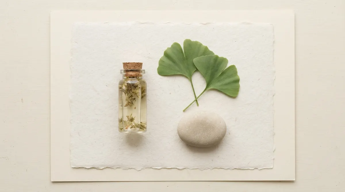 A clear glass vial, two fresh ginkgo leaves, and a smooth pale stone on off-white paper.