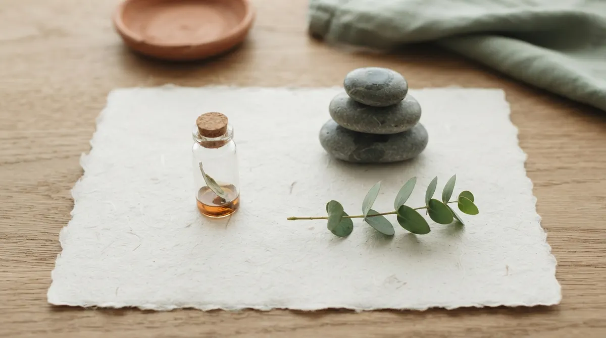 A clear glass vial, three stacked grey river stones, and a sprig of eucalyptus on off-white paper.