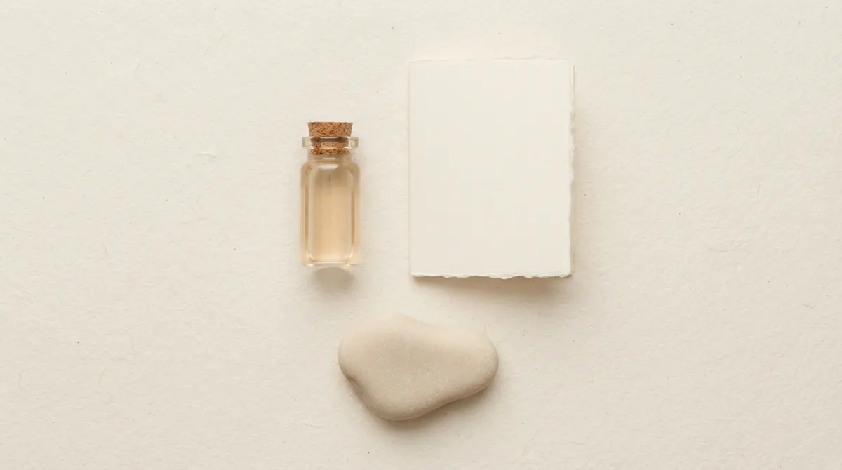 A small glass vial, a folded cream note, and a smooth stone arranged on off-white paper.