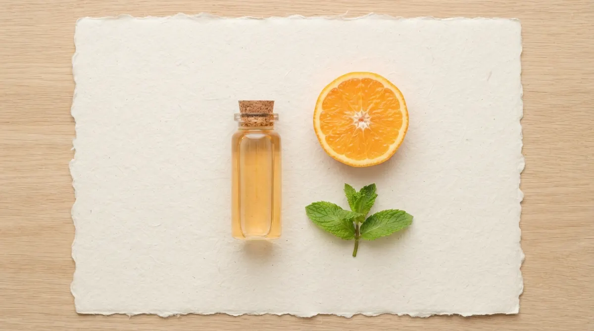 A clear glass vial, a fresh slice of orange citrus, and a sprig of mint on off-white paper.